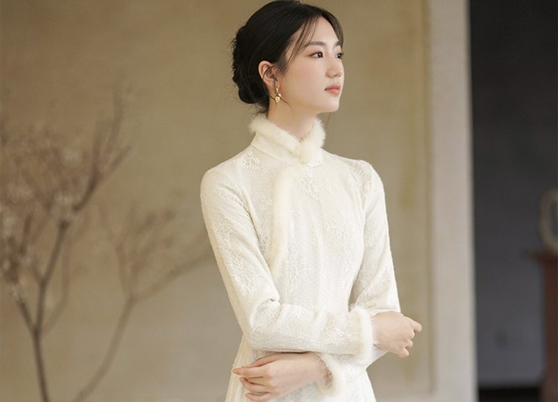 New Chinese retro Chinese style Aodai lace mesh knitted dress - One Piece Dresses - Cotton & Hemp White