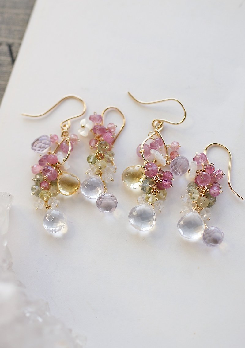 14kgf - Pink spinel and natural stone blessing earrings - Earrings & Clip-ons - Semi-Precious Stones Pink