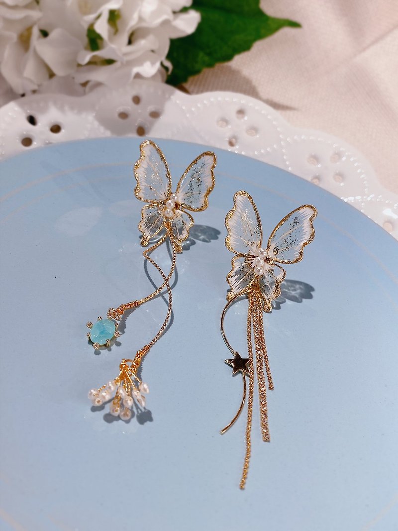 2way, shimmer gold transparent butterfly resin earrings/clip - Earrings & Clip-ons - Resin 
