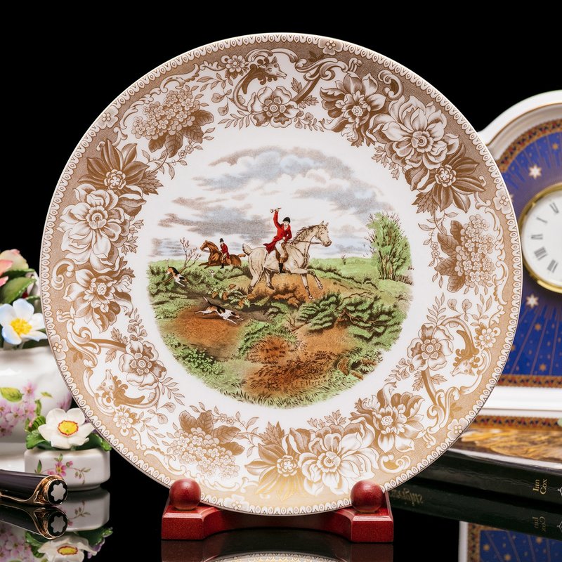 British-made Spode hundred flowers inlaid with gold horse hunting luxury bone china plate European style living room wall hanging plate - ตกแต่งผนัง - เครื่องลายคราม 