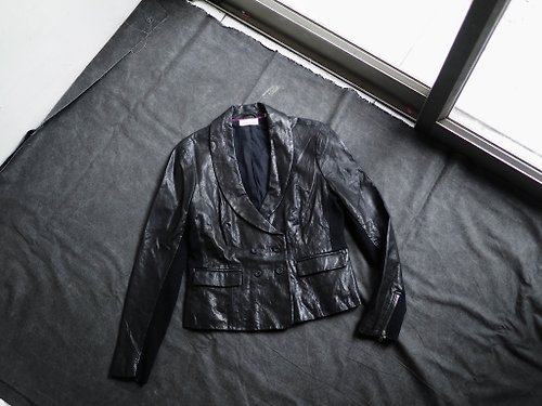 河水山 DKNY 鐵牌拉鍊西裝款羊皮皮衣 古董羊革真皮皮外套Leather jacket