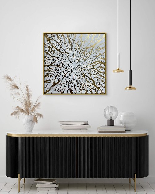 JuliaKotenkoArt Abstract white oil painting on canvas Gold leaf painting Wall Ar for Living room