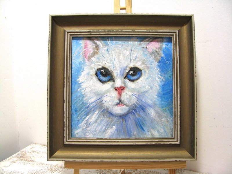 White Cat Portrait in Oil Framed Ready to Gift - 壁貼/牆壁裝飾 - 其他材質 多色