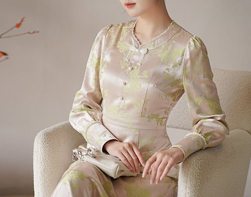 初蟬 新中式 秋冬收腰長袖氣質高級感旗袍洋裝