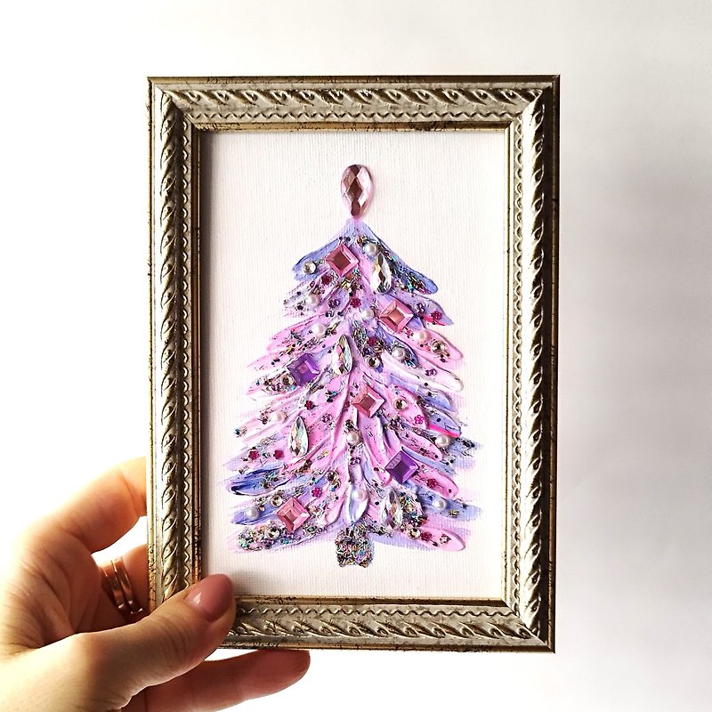 Christmas tree acrylic painting small art wall decor. Textured painting. Gift - ตกแต่งผนัง - อะคริลิค หลากหลายสี