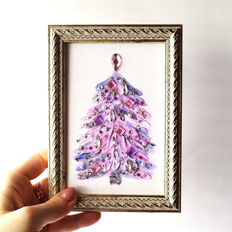 Christmas tree acrylic painting small art wall decor. Textured painting. Gift - 壁貼/牆壁裝飾 - 壓克力 多色