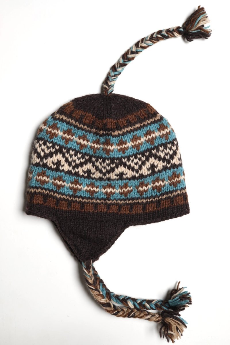 Fair Isle Totem black coffee blue pure wool thread hand-woven fully lined windproof fur hat ear protection hat braid Nordic - Hats & Caps - Wool Brown