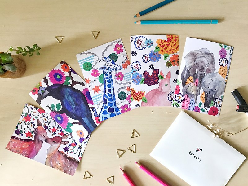 Set of 5 Colorful Animal Postcards - Bambi - Crow - Giraffe - Rabbit - Elephant