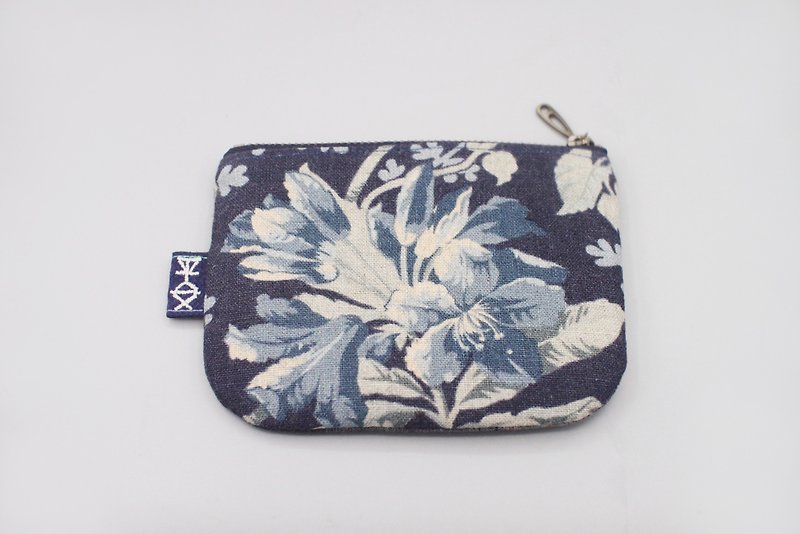 (Rare release) Ping An Xiaole - simple blue flower feel, double-sided two-color Japanese Linen wallet - Wallets - Cotton & Hemp Blue