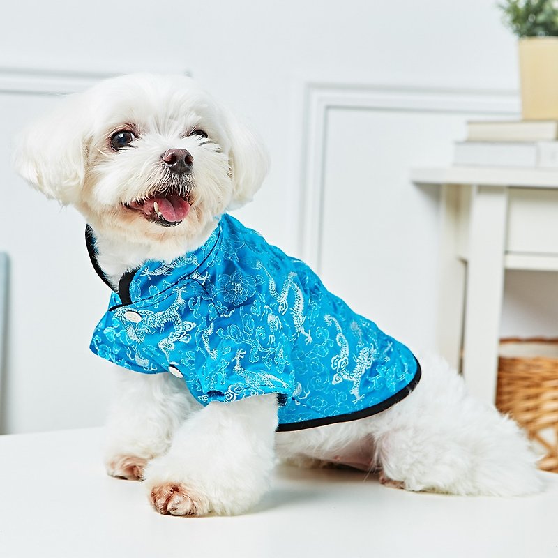 Pet Clothes Cheongsam Classic Chinese Style (Aqua Blue) - ชุดสัตว์เลี้ยง - ผ้าฝ้าย/ผ้าลินิน สีน้ำเงิน