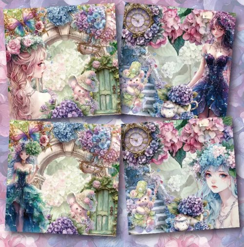 薔薇と紫陽花の幻想曲⭐︎コラージュ平袋２枚＆両面ローディッド１枚 Floral Princess 箔押しメモパッド薔薇と紫陽花の幻想曲nene