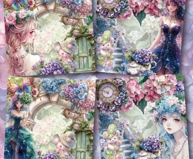 薔薇と紫陽花の幻想曲⭐︎コラージュ平袋２枚＆両面ローディッド１枚 Floral Princess 箔押しメモパッド薔薇と紫陽花の幻想曲nene