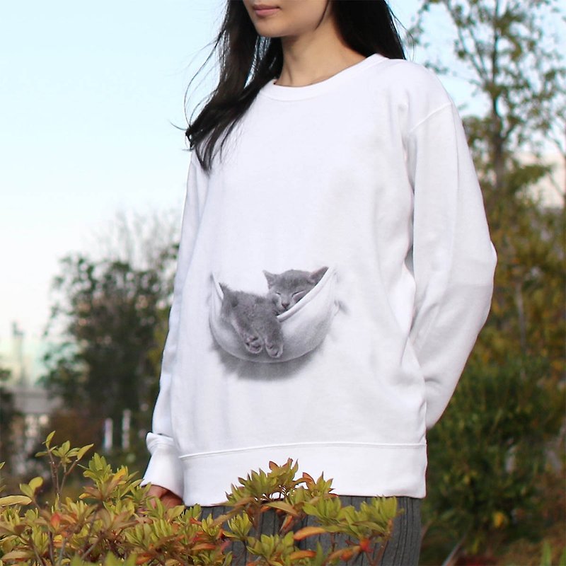 Mousou Mapping Sweatshirt/ Kitten in the pocket - 中性衛衣/T 恤 - 棉．麻 白色