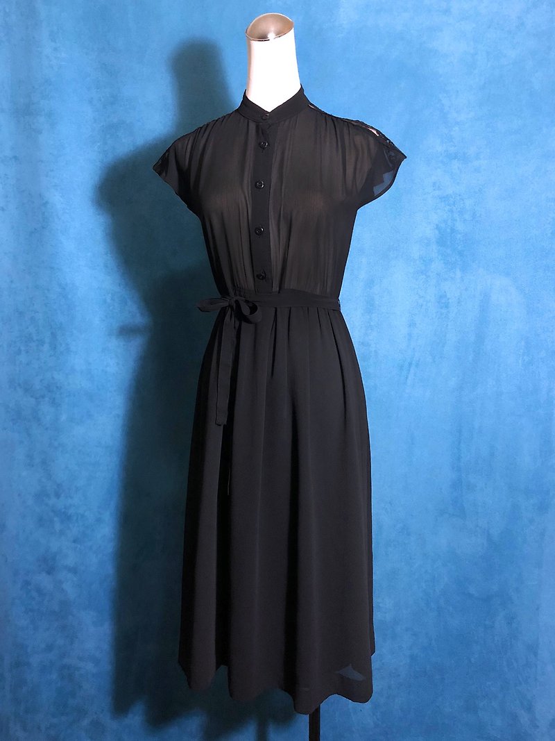 蕾絲雪紡腰帶古著洋裝/ 國外帶回 VINTAGE - 連身裙 - 聚酯纖維 黑色