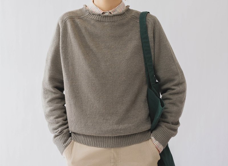法式復古 鹽系少女莫蘭迪色 灰橄欖亞麻針織套頭衫 - 女上衣/長袖上衣 - 棉．麻 灰色