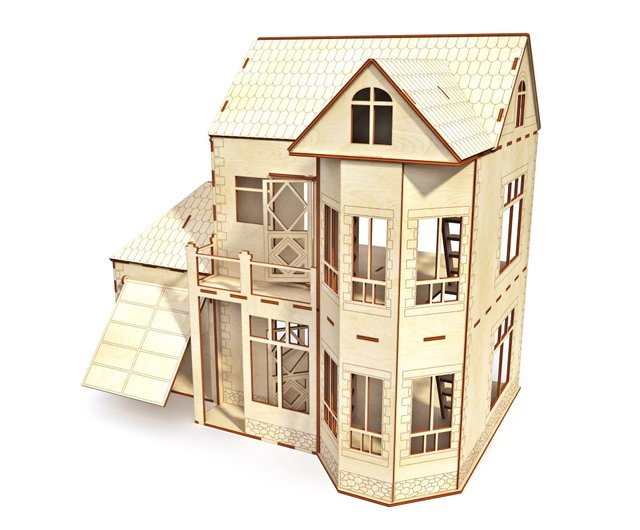 Modern Dollhouse with garage Wooden dollhouse DIY Dollhouse kit PlayWoodStories Pinkoi