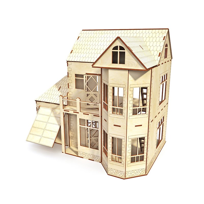 Modern Dollhouse with garage | Wooden dollhouse | DIY Dollhouse kit - 嬰幼兒玩具/毛公仔 - 木頭 