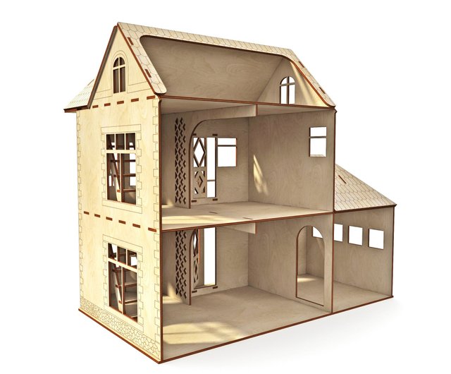 Modern Dollhouse with garage, Wooden dollhouse