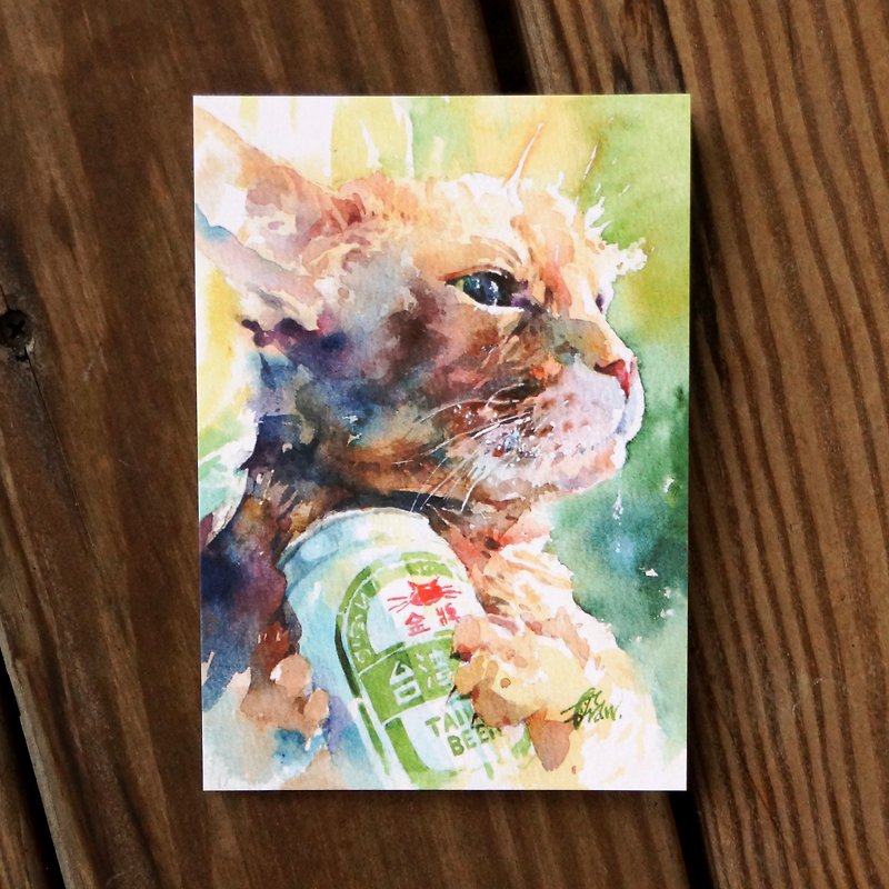Watercolor painted hair boy series postcard - 喵 is also drunk - การ์ด/โปสการ์ด - กระดาษ สีเขียว