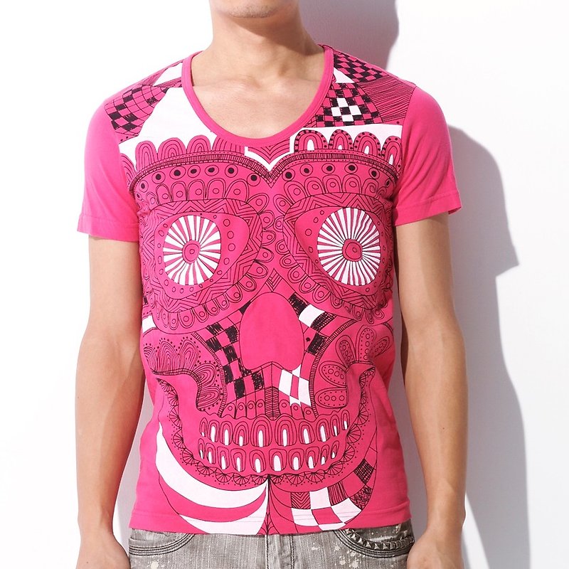 Pink Fitted Tee geometry skull combed cotton T-Shirt - Unisex Hoodies & T-Shirts - Cotton & Hemp 