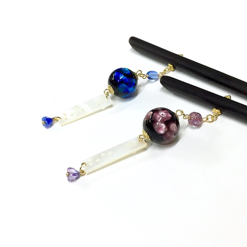 กระจกลาย เครื่องประดับผม สีน้ำเงิน - 【Ink】Japanese-style colored glass hairpin. Engraved sakura shells. Japanese Maru Hosta/Japanese Style Hairpin/Kimono Hair Accessories