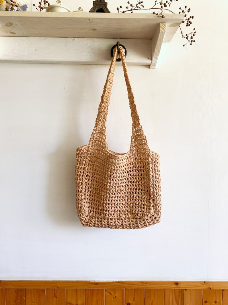 【好日手作】Handmade。夏日手工韓國棉線編織奶茶色斜背側背包 - 手提包/手提袋 - 其他材質 卡其色