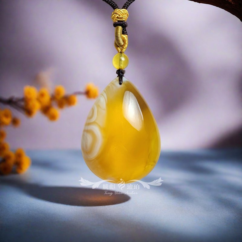 騰彪琥珀 天然琥珀蜜蠟 雙天眼紋 金絞白蜜蠟 正規水滴 藏品項鍊 - 項鍊 - 半寶石 橘色
