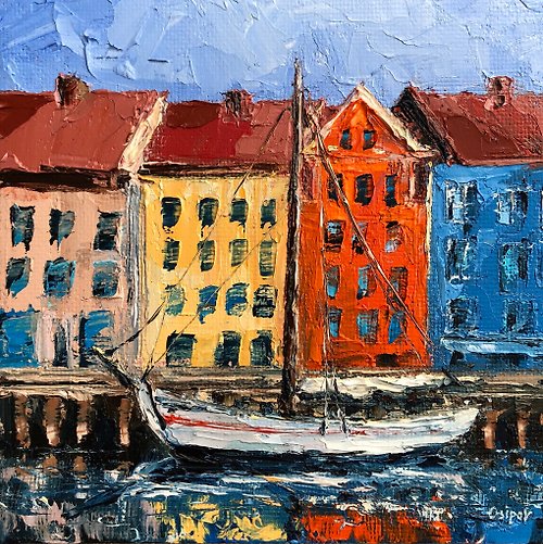 OsipovArtStudio Original Oil Painting On Canvas Sailboat Cityscape Painting Textured Impasto Art