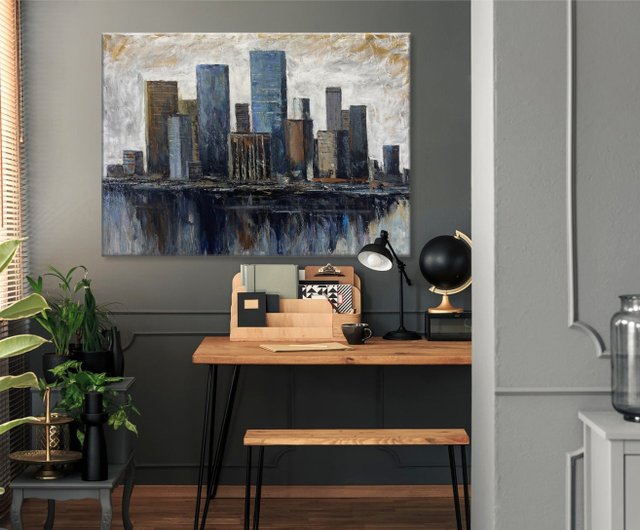 キャンバスに描かれた大きな抽象的な都市景観の絵画 オリジナルの