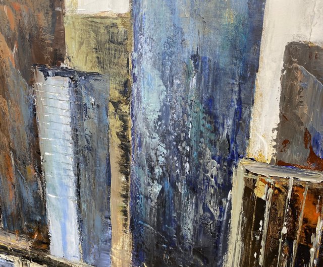 キャンバスに描かれた大きな抽象的な都市景観の絵画 オリジナル