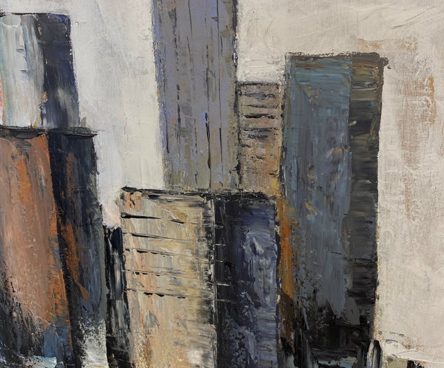 キャンバスに描かれた大きな抽象的な都市景観の絵画 オリジナルの