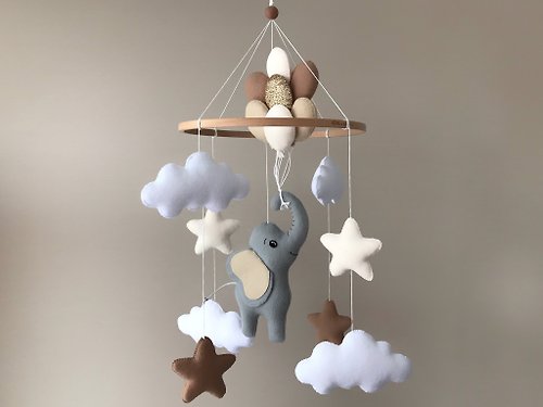 ElfBabyMobile Baby mobile elephant for neutral nursery decor. Crib mobile gray and beige
