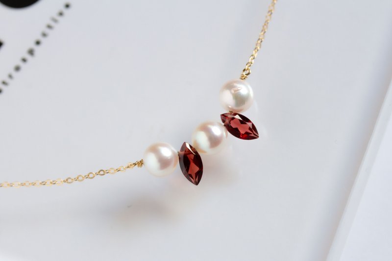 Akoya pearl, marquise garnet, bijou necklace, 14kgf, January birthstone - สร้อยคอ - ไข่มุก ขาว