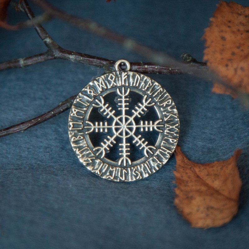 Aegishjalmur Helm of Awe pendant in rune circle. Norse necklace. Man jewelry - 項鍊 - 其他金屬 橘色
