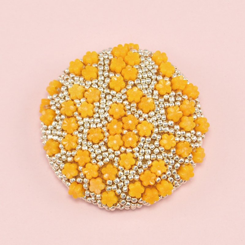 statement and sparkle beaded circle brooch, gorgeous brooch, orange and silver - Brooches - Cotton & Hemp Orange