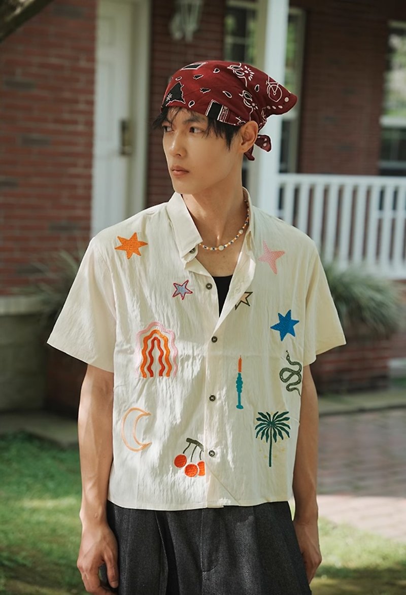 Japanese retro summer embroidery textured short-sleeved shirt - เสื้อเชิ้ตผู้ชาย - วัสดุอื่นๆ ขาว
