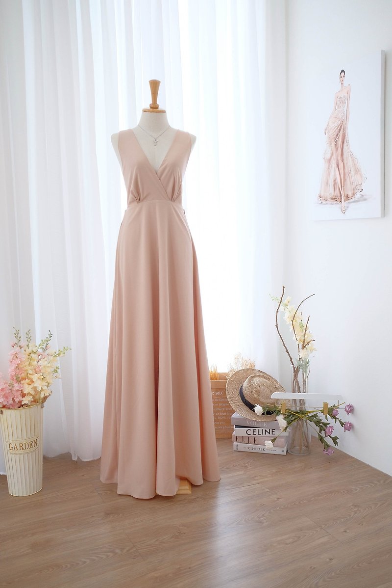 Backless bridesmaid dress party prom cocktail wedding guest dress - 連身裙 - 聚酯纖維 卡其色