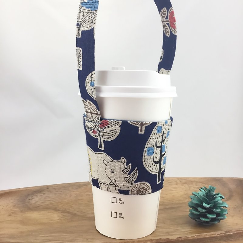 Wind Wind Animal Night Tour - Rhinoceros + Leopard Style - Eco Cup Holder - Fixed Straw - Beverage Holders & Bags - Cotton & Hemp 