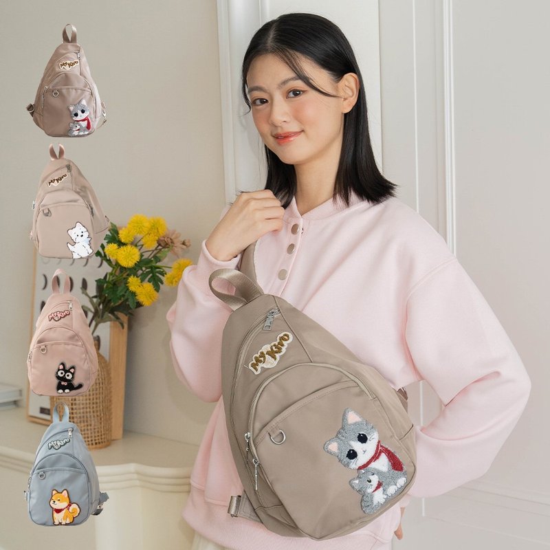 防盜包 高地白梗 柴犬寶寶 小黑貓 毛巾繡 單肩後背包【330055】 - 側背包/斜背包 - 棉．麻 卡其色