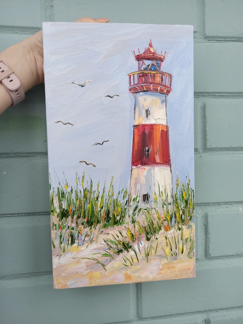 Oil painting Original art Lighthouse artwork - 壁貼/牆壁裝飾 - 棉．麻 藍色