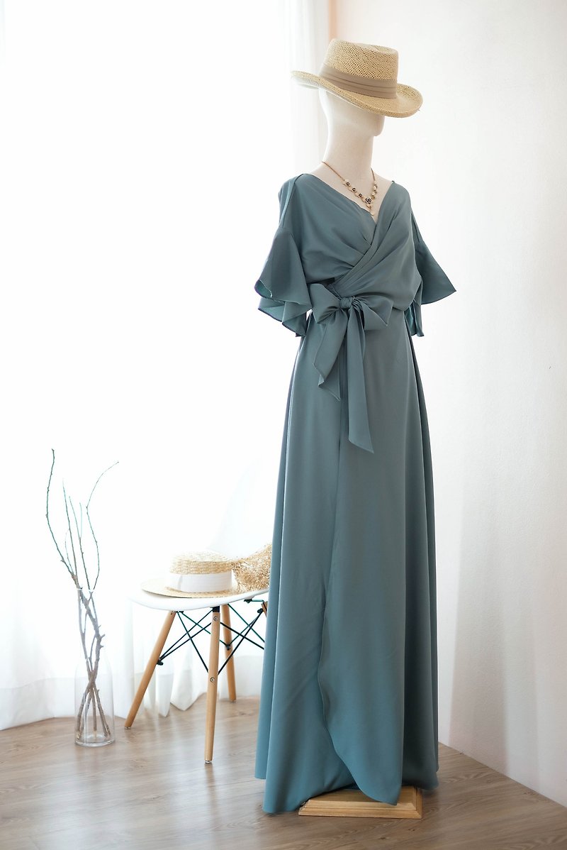 Earthy sage green maxi wrap dress Bridesmaid maxi party prom dress - Evening Dresses & Gowns - Polyester Green
