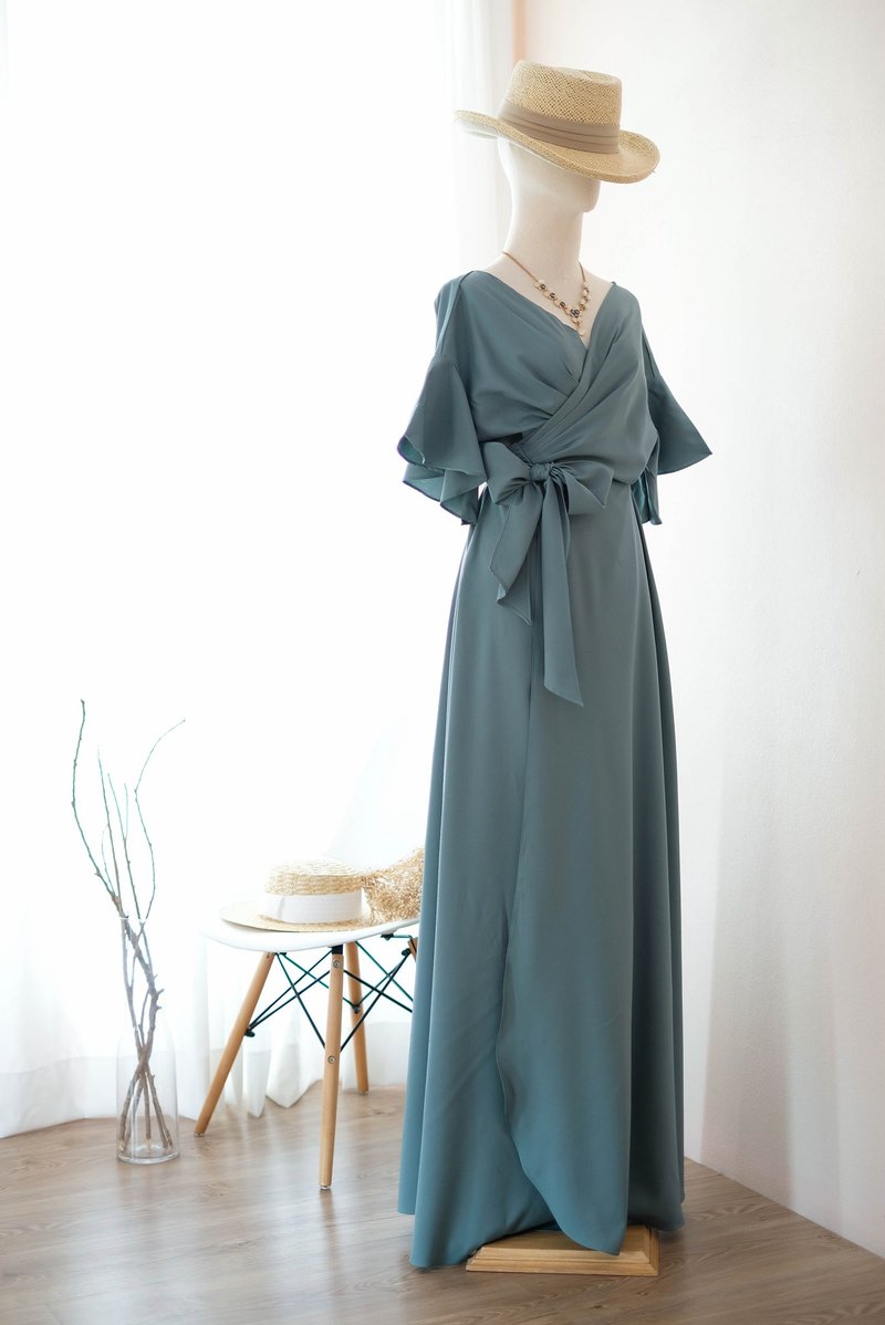 Earthy sage green maxi wrap dress Bridesmaid maxi party prom dress - 禮服/小禮服 - 聚酯纖維 綠色