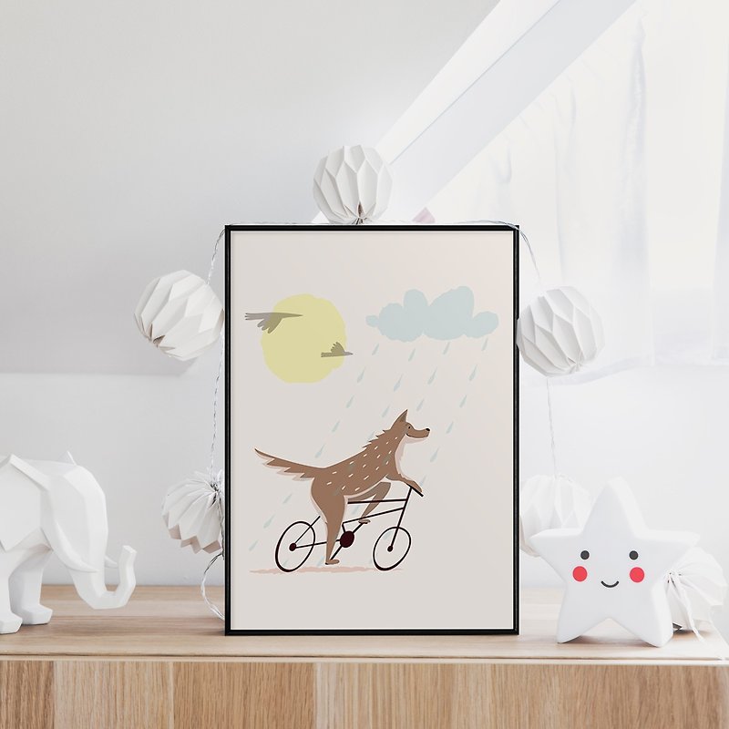 Mr. Wolf cycling in the rain - Wolf Art Print, Wolf Prints, Wolf Gifts - Posters - Cotton & Hemp Pink