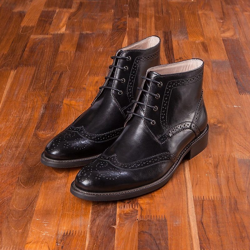 Vanger Gentleman Style Full Wing Derby Boots Va242 Black - Men's Casual Shoes - Genuine Leather Black