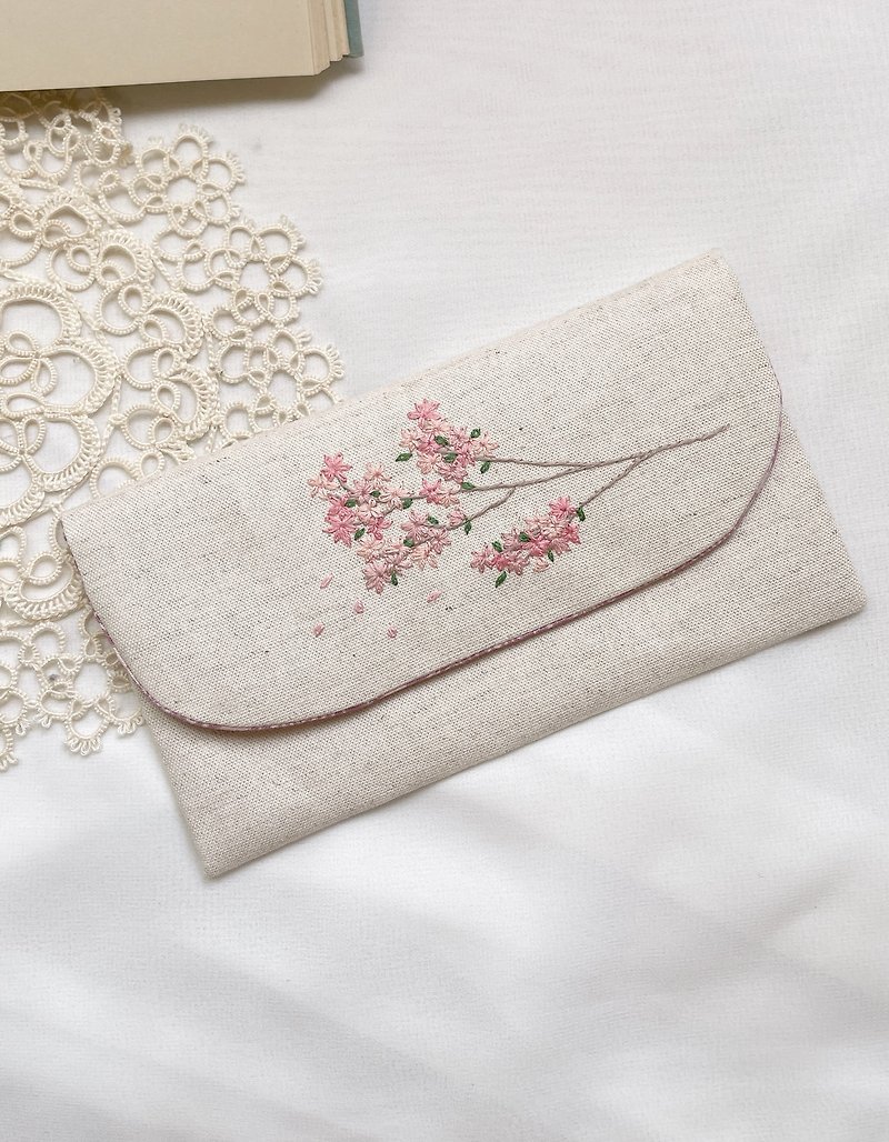 [Handmade by Ms. Fang] Romantic cherry blossoms. Embroidered cloth as cash passbook storage bag gift - Toiletry Bags & Pouches - Cotton & Hemp Multicolor