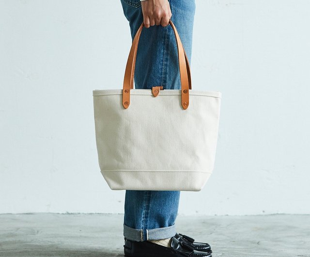 Canvas leather tote bag S size made in Japan white unbleached