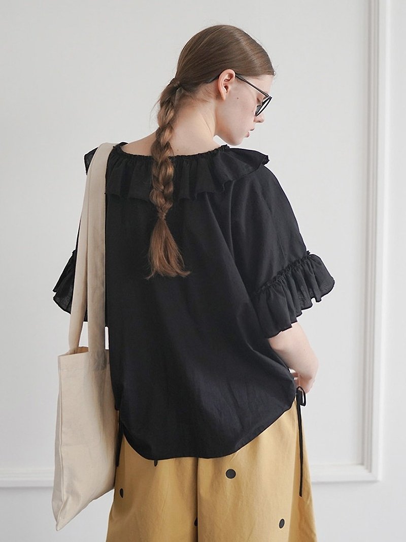 Black lace collared sleeve top - imakokoni - เสื้อผู้หญิง - ผ้าฝ้าย/ผ้าลินิน สีดำ