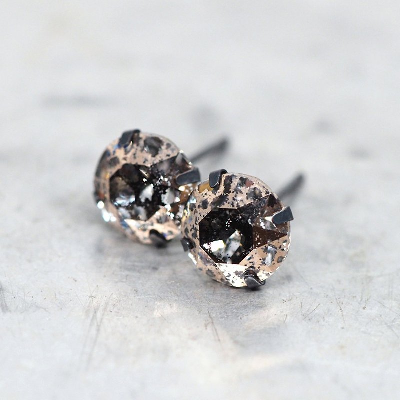 玫瑰金隕石施華洛世奇水晶 - 耳釘耳環 - 黑925純銀 - 8毫米圓形 - 耳環/耳夾 - 其他金屬 金色