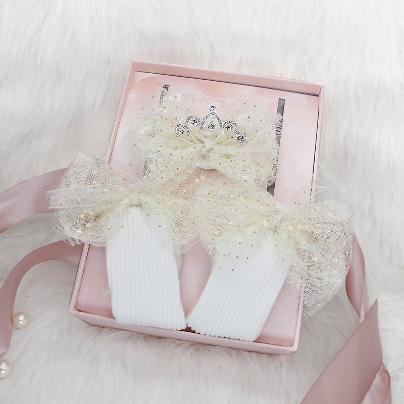 /Newborn. Miyue. Saliva gift/Madeleine yarn bow socks + crown hair accessories combination (white) - ถุงเท้าเด็ก - เส้นใยสังเคราะห์ สึชมพู