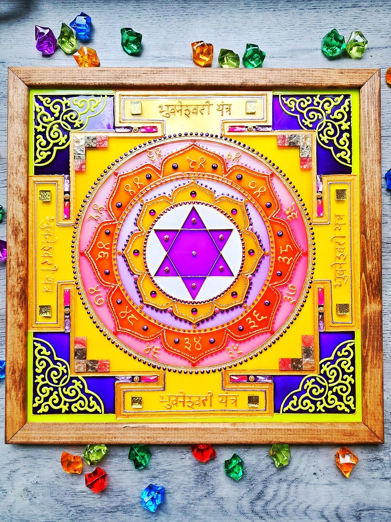 Bhuvaneshwariヤントラ手はヴェーダの装飾曼荼羅瞑想タントラ癒しを描いた - ウォールデコ・壁紙 - ガラス イエロー